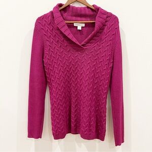 Coldwater Creek Sweater M 10-12 Purple Cable Knit Shawl Collar Magenta Pullover